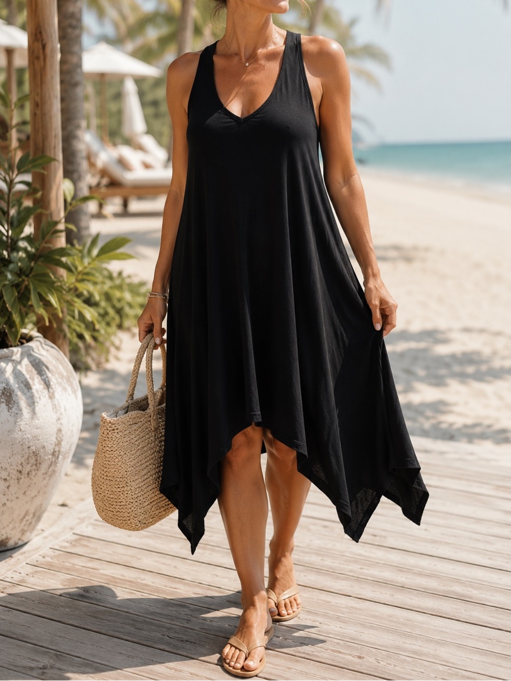 APT. 9 Black Flowy Swim Cover Up Dress Large Resort Coastal Minimalist